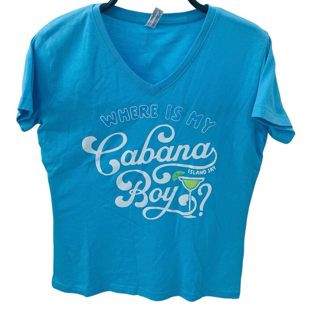 Where Is My Cabana Boy? Island Jay T-Shirt V-Neck Teal Blue Women's Size M